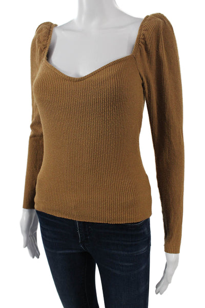 Nation LTD Womens Square Neck Long Sleeve Brown Top Size S