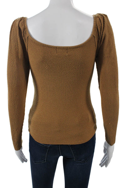 Nation LTD Womens Square Neck Long Sleeve Brown Top Size S