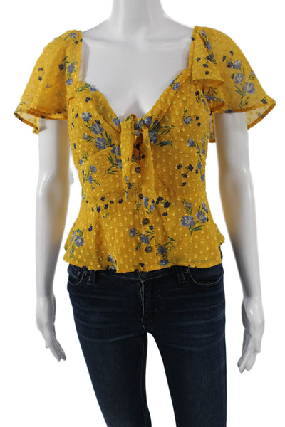 ASTR Womens Bohemian V-Neck Floral Yellow Short Sleeve Blouse Size S