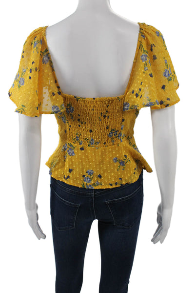 ASTR Womens Bohemian V-Neck Floral Yellow Short Sleeve Blouse Size S