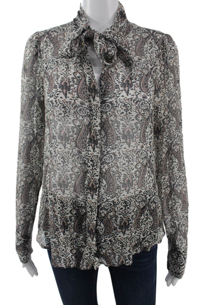 Paige Women Silk Paisley Collared Long Sleeve Button Up Blouse Beige Size S