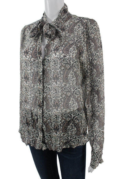 Paige Women Silk Paisley Collared Long Sleeve Button Up Blouse Beige Size S
