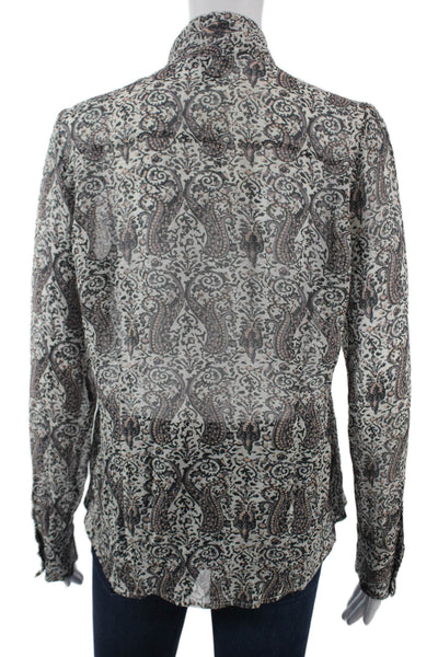 Paige Women Silk Paisley Collared Long Sleeve Button Up Blouse Beige Size S