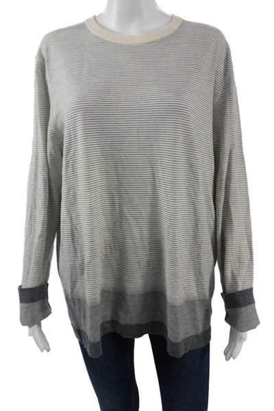 Theory Women Pullover Sweater Beige Striped Long Sleeve Crew Neck Size XL