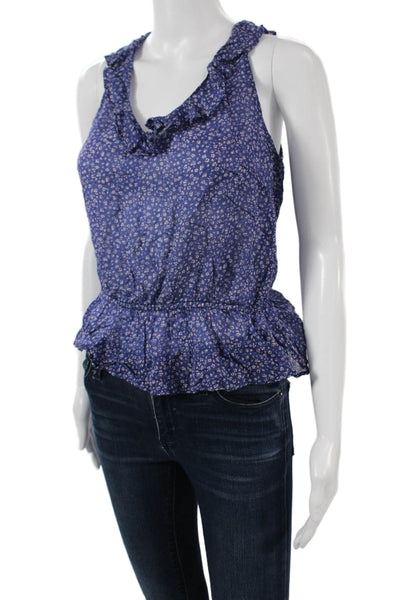 Bella Dahl Women Bohemian Floral Silk Blend Sleeveless Blouse Blue Size S