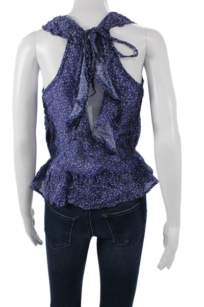 Bella Dahl Women Bohemian Floral Silk Blend Sleeveless Blouse Blue Size S