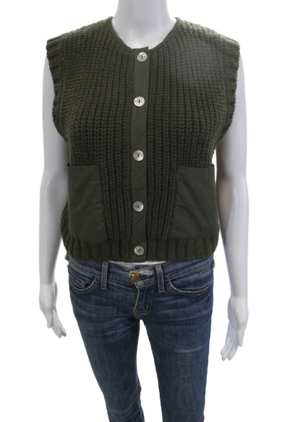 Zara Women Army Green Crew Neck Button Vest Polyester Blend Size S