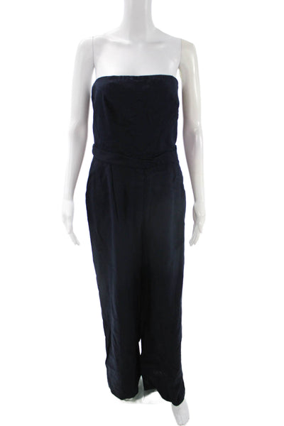 Zara Womens Dark Blue Square Neck Strapless Jumpsuit Linen Viscose Size M