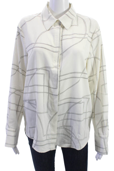 MNG Womens Collared Geometric Button Up Blouse White Long Sleeve Size 8