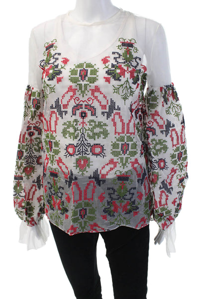 Oscar de la Renta Womens White Geometric V-Neck Tunic Blouse Long Sleeve Size S