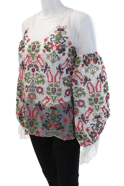 Oscar de la Renta Womens White Geometric V-Neck Tunic Blouse Long Sleeve Size S