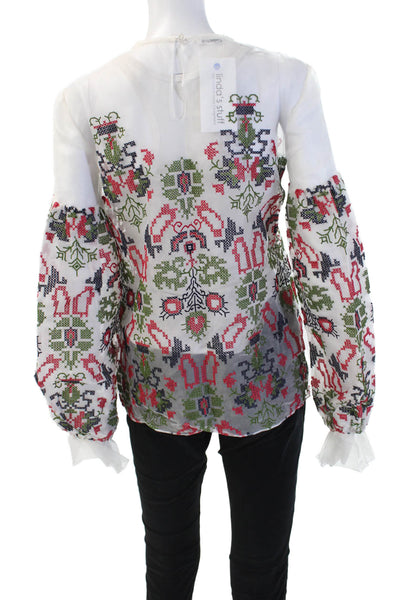 Oscar de la Renta Womens White Geometric V-Neck Tunic Blouse Long Sleeve Size S