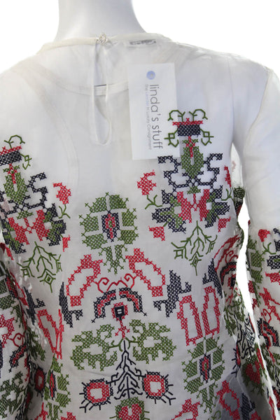 Oscar de la Renta Womens White Geometric V-Neck Tunic Blouse Long Sleeve Size S