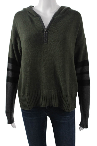 Cotton By Autumn Cashmere Women Henley Hoodie Green Striped Long Sleeve Size S