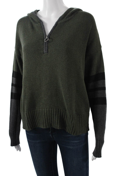 Cotton By Autumn Cashmere Women Henley Hoodie Green Striped Long Sleeve Size S