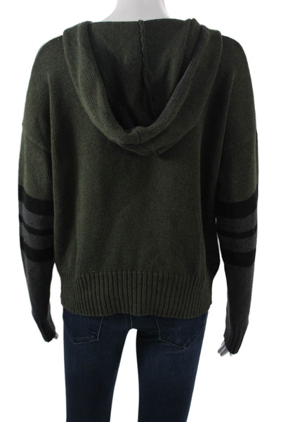Cotton By Autumn Cashmere Women Henley Hoodie Green Striped Long Sleeve Size S
