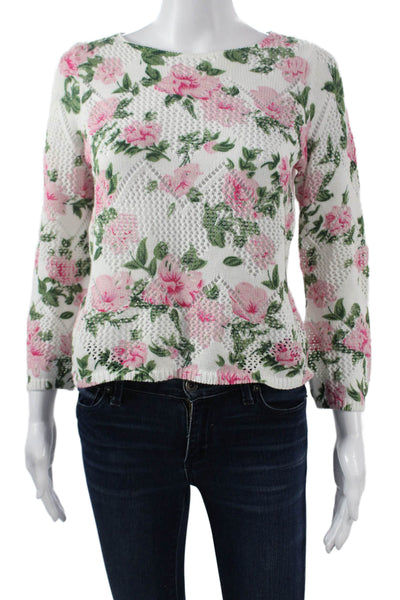 Cotton By Autumn Cashmere Unisex White Floral Pullover 3/4 Sleeve Size XS