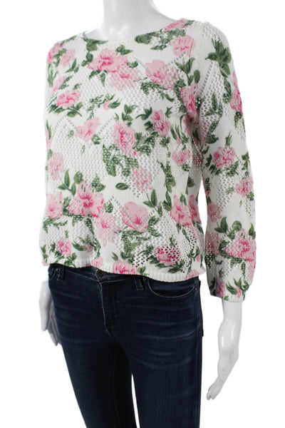 Cotton By Autumn Cashmere Unisex White Floral Pullover 3/4 Sleeve Size XS