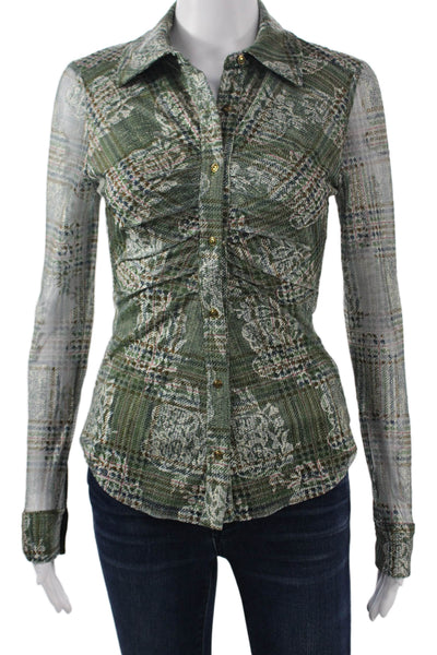 Ramy Brook Women Plaid Collared Button Up Top Green Long Sleeve Petite Size XS