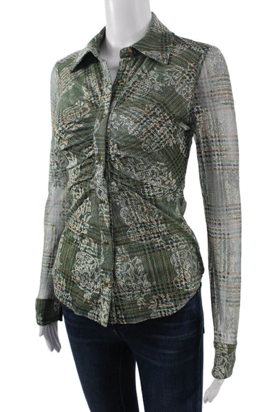 Ramy Brook Women Plaid Collared Button Up Top Green Long Sleeve Petite Size XS