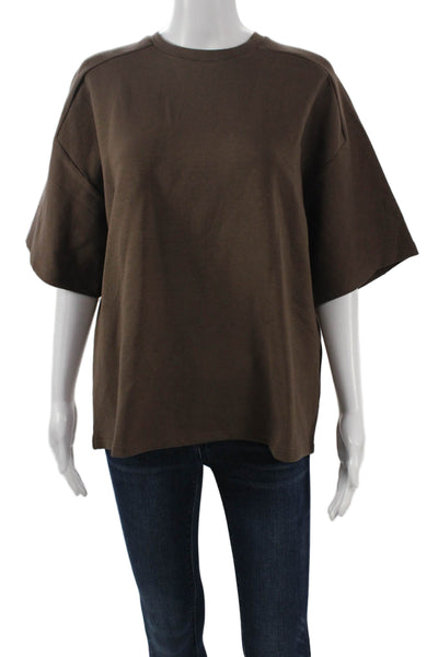 Zara Women Basic Brown Crew Neck Short Sleeve Polyester T-Shirt Army Size M