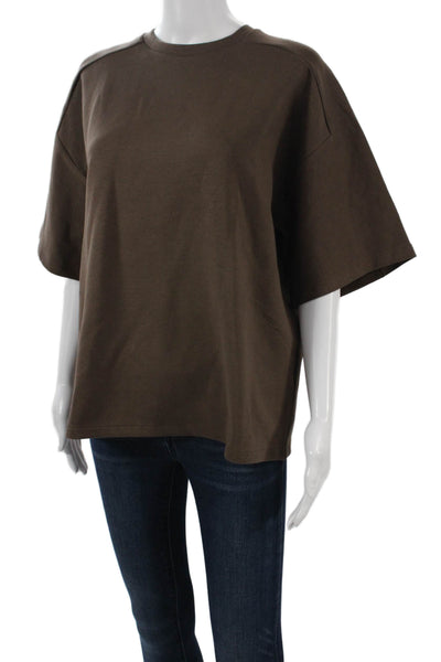 Zara Women Basic Brown Crew Neck Short Sleeve Polyester T-Shirt Army Size M