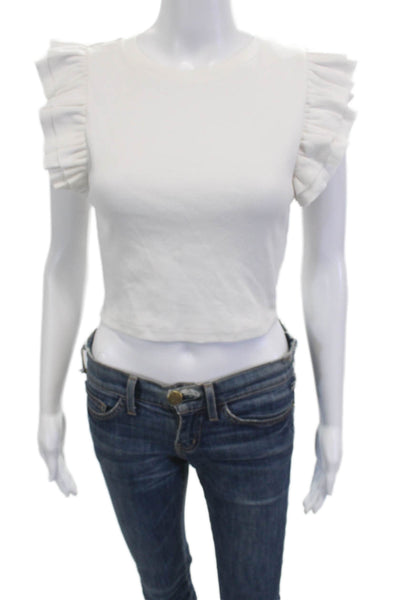 Zara Women Cropped White Crew Neck Short Sleeve T-Shirt Size M