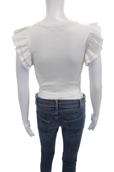 Zara Women Cropped White Crew Neck Short Sleeve T-Shirt Size M