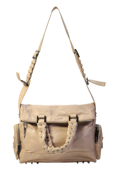Pour la Victoire Womens Leather Studded Top Handle Shoulder Handbag Beige