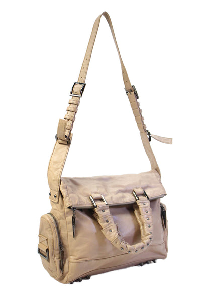 Pour la Victoire Womens Leather Studded Top Handle Shoulder Handbag Beige