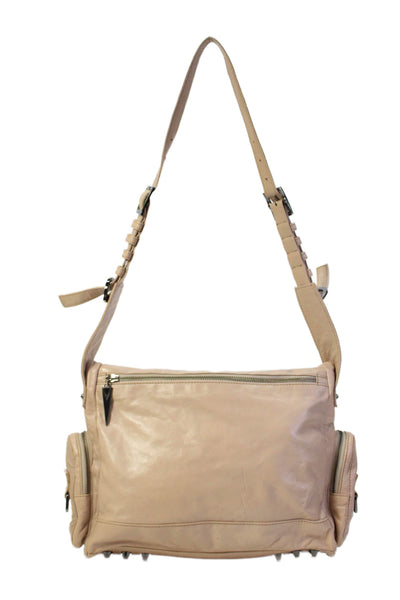 Pour la Victoire Womens Leather Studded Top Handle Shoulder Handbag Beige