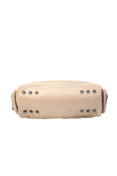 Pour la Victoire Womens Leather Studded Top Handle Shoulder Handbag Beige