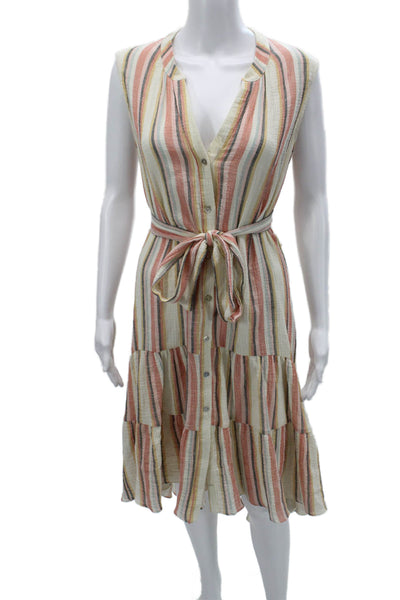 Drew Women Shirt Dress Beige Striped Cotton V-Neck Sleeveless Mid Calf Size M