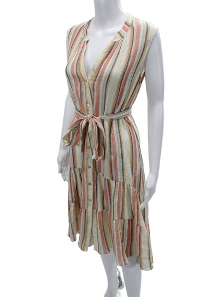 Drew Women Shirt Dress Beige Striped Cotton V-Neck Sleeveless Mid Calf Size M