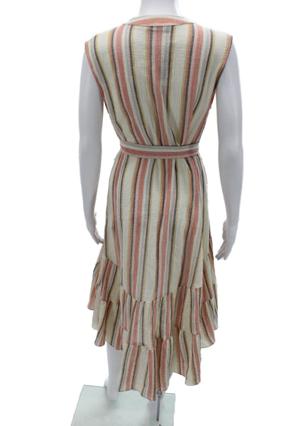 Drew Women Shirt Dress Beige Striped Cotton V-Neck Sleeveless Mid Calf Size M