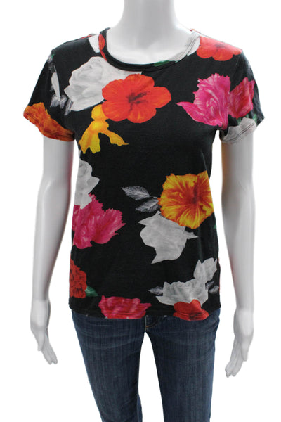 Pam & Gela Womens Basic Floral Crew Neck Cotton Short Sleeve T-Shirt Size S