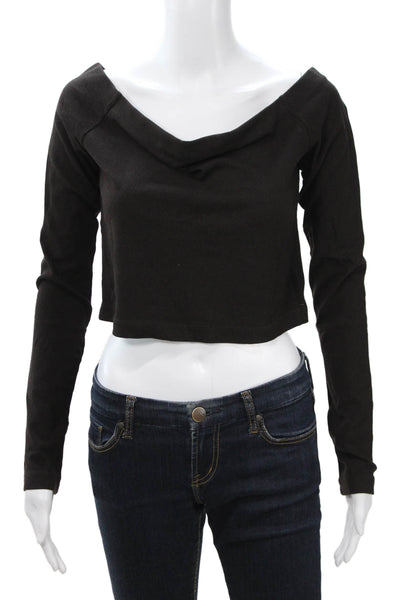 Lanston Womens Cropped Black Cotton Blend Long Sleeve Button Top 90s Size L