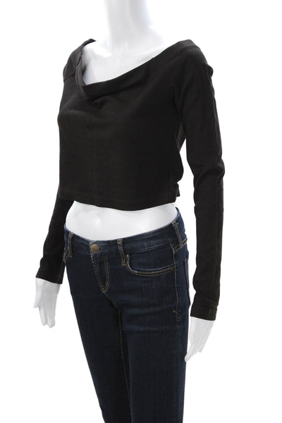 Lanston Womens Cropped Black Cotton Blend Long Sleeve Button Top 90s Size L