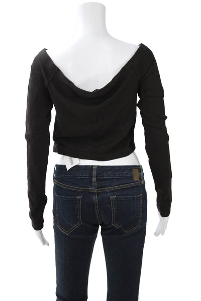 Lanston Womens Cropped Black Cotton Blend Long Sleeve Button Top 90s Size L