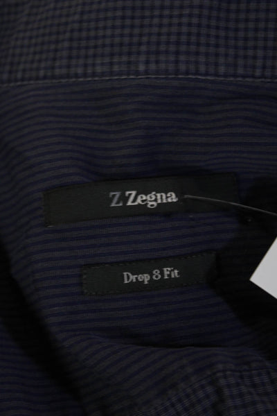 Z Zegna Mens Cotton Collared Striped Button Down Shirt Blue Size 38