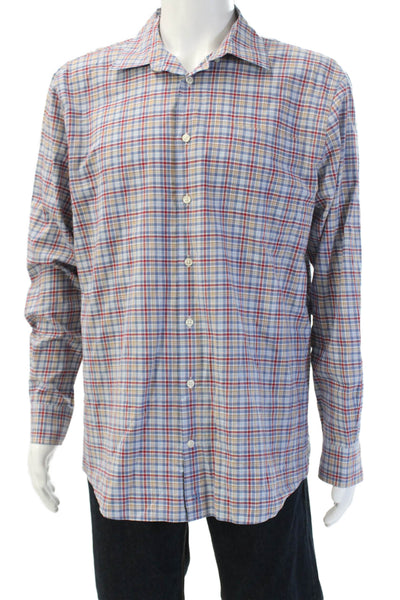 Johnnie-o Mens Cotton Plaid Collared Long Sleeve Button-Down Shirt Blue Size L