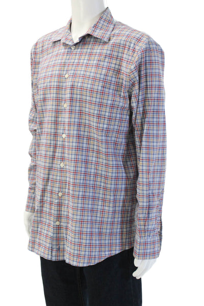 Johnnie-o Mens Cotton Plaid Collared Long Sleeve Button-Down Shirt Blue Size L