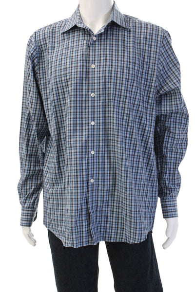 Johnnie-o Mens Plaid Print Long Sleeve Collared Button-Down Shirt Blue Size L