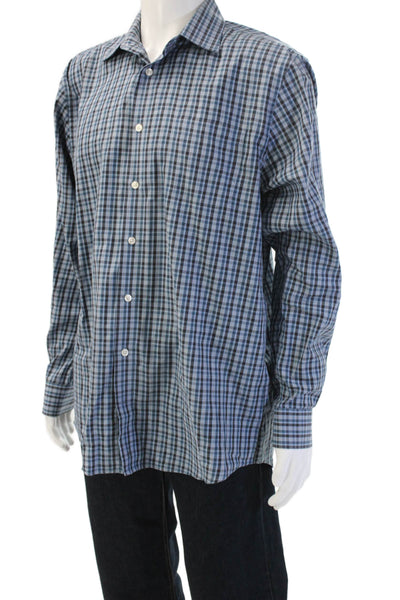 Johnnie-o Mens Plaid Print Long Sleeve Collared Button-Down Shirt Blue Size L