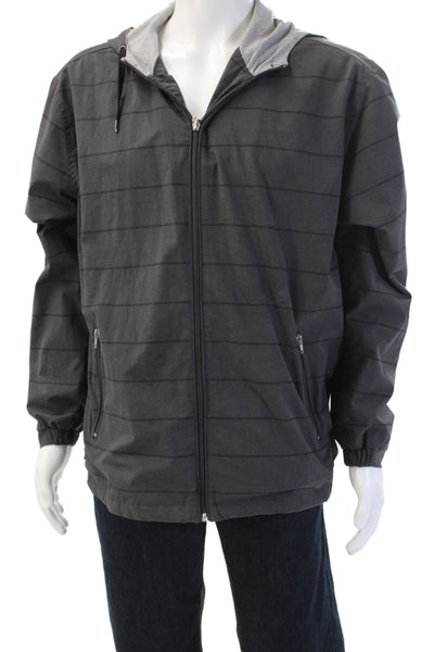 Linksoul Mens Dark Gray Striped Windbreaker Jacket Drawstring Outdoor Size L