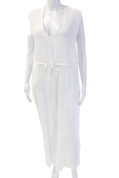 Robin Piccone Women White Cotton Kaftan Maxi V-Neck Sleeveless Size M