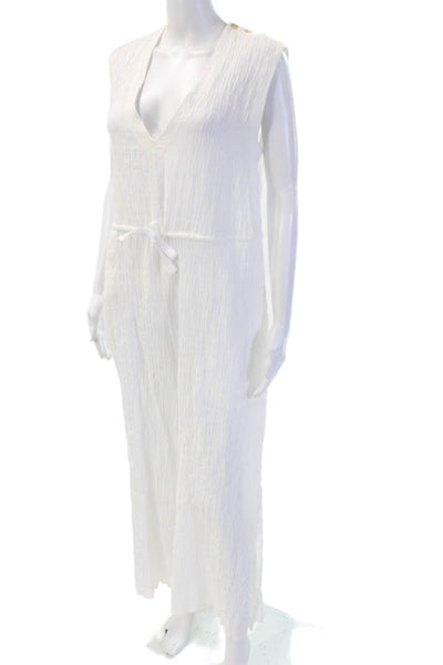 Robin Piccone Women White Cotton Kaftan Maxi V-Neck Sleeveless Size M