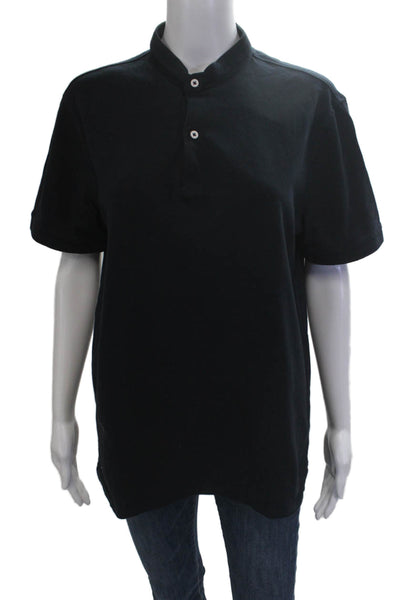 Massimo Dutti Mens Stand-Up Band Collar Polo Black Cotton Short Sleeve Size L