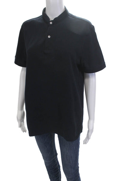 Massimo Dutti Mens Stand-Up Band Collar Polo Black Cotton Short Sleeve Size L