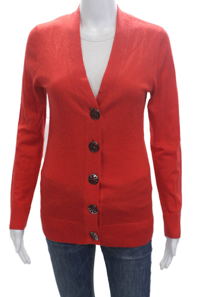 Tory Burch Womens 100% Merino Wool Red V-Neck Cardigan Long Sleeve Size S